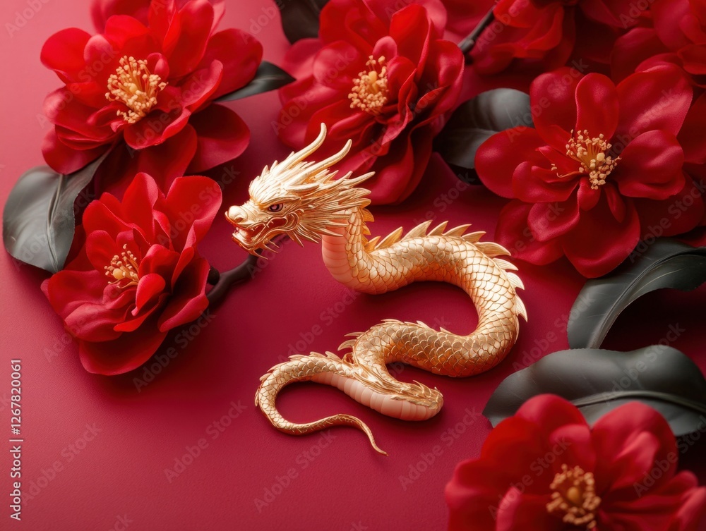 Golden Dragon Figurine with Red Flowers on Red Background Golden Dragon Figurine with Red Flowers on Red Background