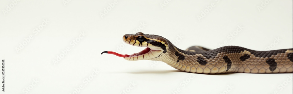 A Venomous Snake Displays Its Forked Tongue On A Plain White Surface, Captured In A Clear And Detailed Image. 00001 A Venomous Snake Displays Its Forked Tongue On A Plain White Surface, Captured In A Clear And Detailed Image. 00001