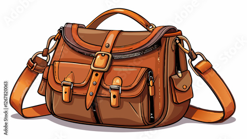 Women's brown leather shoulder bag with zippers and pockets, product photo on a white background	
