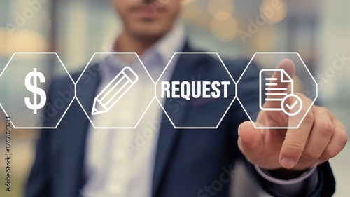 Man pressing virtual request button showing icons in sequence
