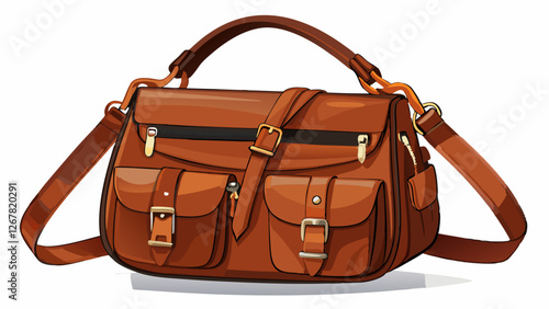 Women's brown leather shoulder bag with zippers and pockets, product photo on a white background	
