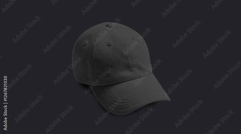 Fototapeta premium Black cap mockup, right side, black background