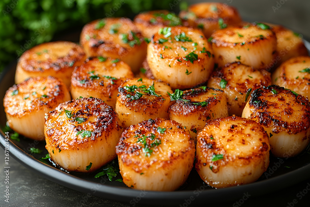 Delicious grilled scallops with butter sauce, garnished with herbs Delicious grilled scallops with butter sauce, garnished with herbs
