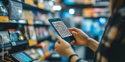 Contactless Payment Technology in Modern Retail Store: Woman Scanning QR Code on Smartphone for a seamless Transaction