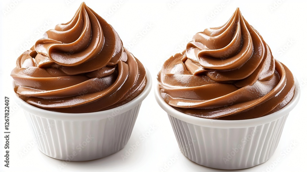 Two chocolate dessert cups, studio shot, white background, food photography Two chocolate dessert cups, studio shot, white background, food photography