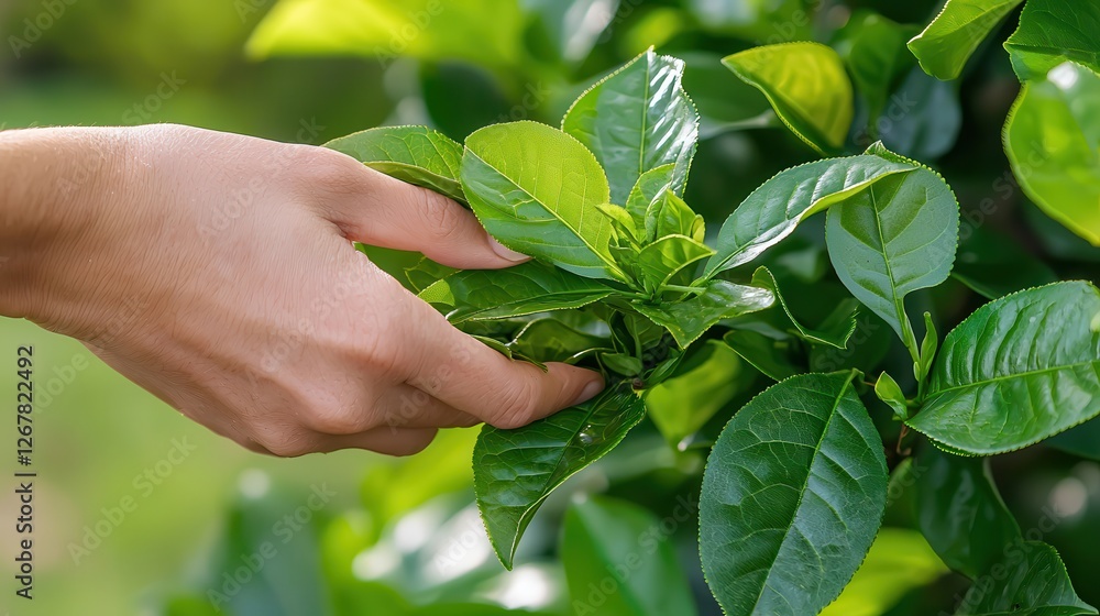 Hand-picking organic matcha. Hand touching vibrant green leaves in a lush garden setting. Hand-picking organic matcha. Hand touching vibrant green leaves in a lush garden setting.