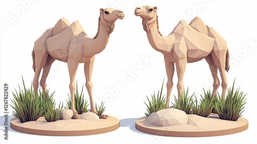 Two camels desert low poly model photo