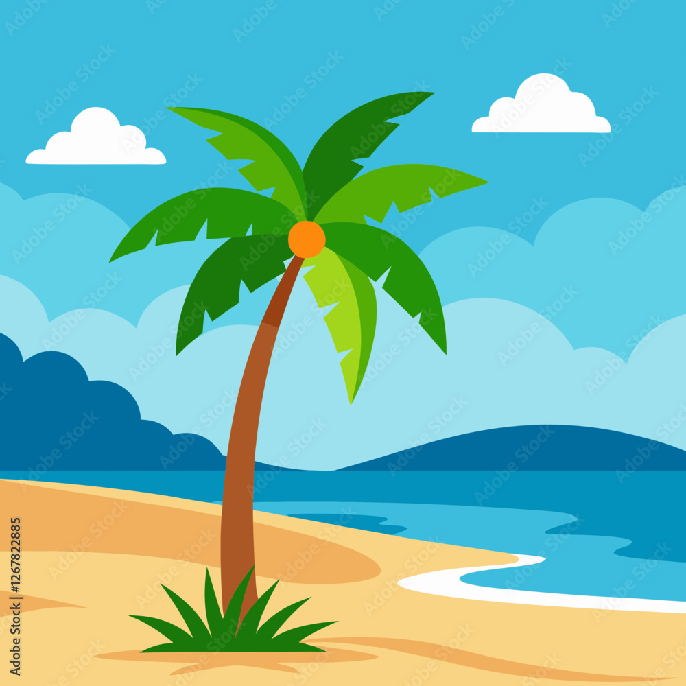 Obraz premium Stunning Tropical Beach Landscape with Palm Tree Vector Art