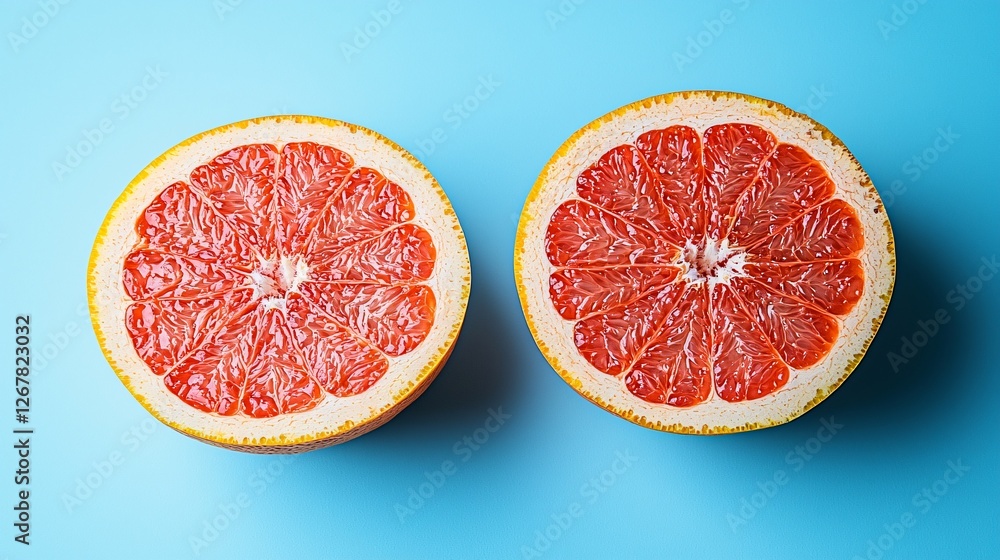 Two grapefruit halves, blue background, healthy food concept, website banner Two grapefruit halves, blue background, healthy food concept, website banner
