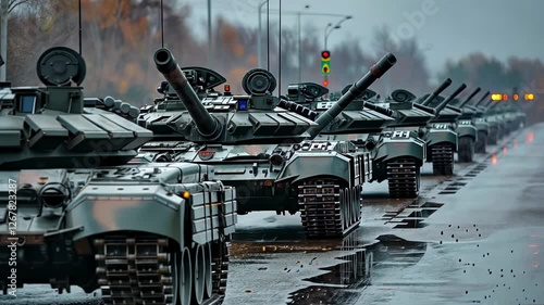 A row of military tanks in formation on a parade route, with the focus on their turrets and tracks.