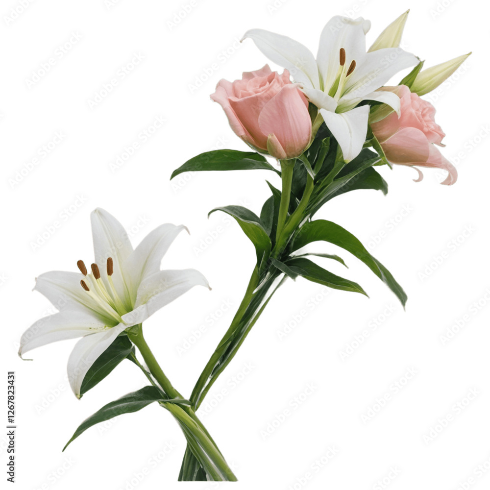 Elegant white lilies and soft pink roses with lush green stems create a delicate floral arrangement. Perfect for romantic occasions, weddings, and elegant decorative designs. Elegant white lilies and soft pink roses with lush green stems create a delicate floral arrangement. Perfect for romantic occasions, weddings, and elegant decorative designs.