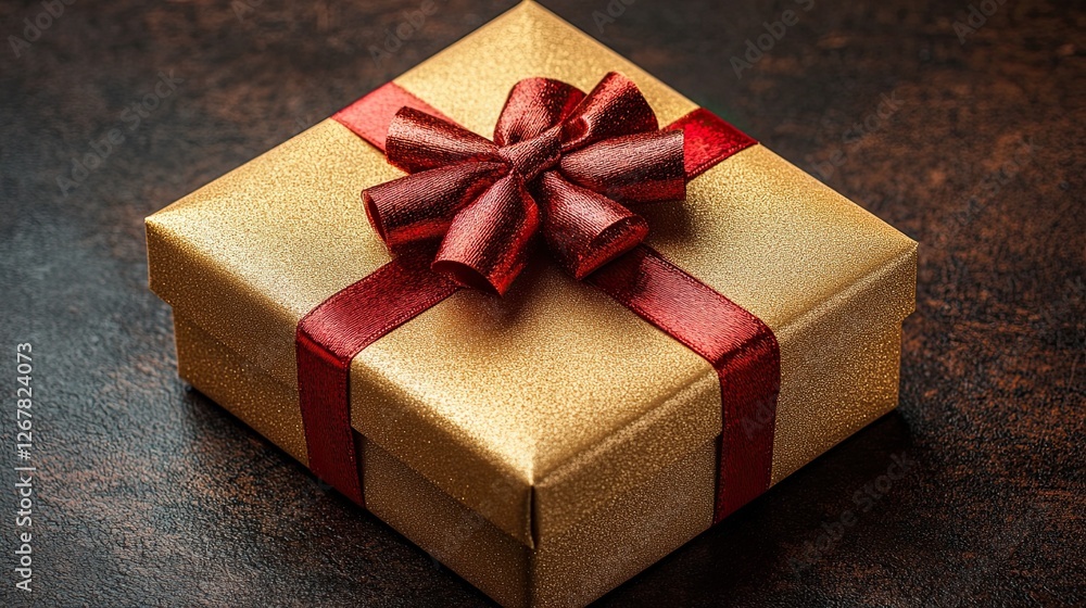 A golden gift box with a red bow resting on a dark surface. A golden gift box with a red bow resting on a dark surface.