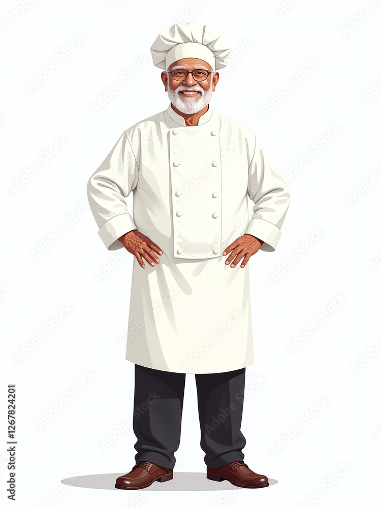 An Elderly Indian Chef With A Warm Smile Stands Proudly Wearing His Uniform Against A Crisp White Backdrop. 00001 An Elderly Indian Chef With A Warm Smile Stands Proudly Wearing His Uniform Against A Crisp White Backdrop. 00001