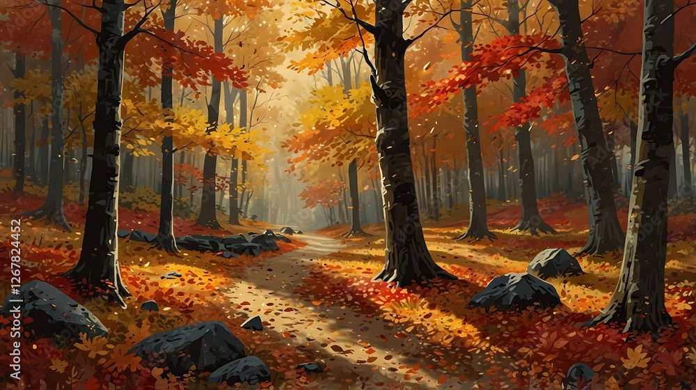 Fototapeta premium A quiet autumn scene with falling red, orange, and yellow leaves, creating a soft and colorful forest