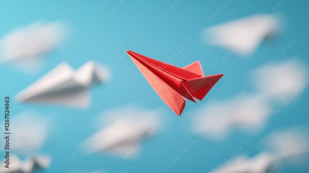Red Paper Airplane Flying in Blue Sky with Clouds Red Paper Airplane Flying in Blue Sky with Clouds