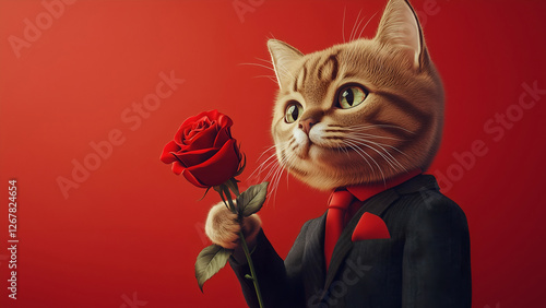 Highly detailed 3D image of a stylish and charismatic cat with smooth fur, dressed in an elegant suit, gently holding a red rose in its paw. Perfect for a greeting card