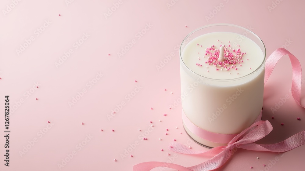 A beautifully crafted candle adorned with pink sprinkles embodies serenity and calmness, offering a peaceful atmosphere perfect for relaxation and mindful moments at home.