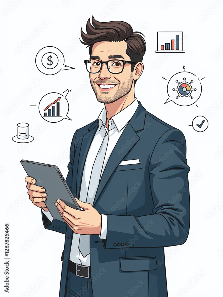 Businessman Holds Tablet With A Smile, Surrounded By Business Concepts In Isolation Against A Clean And Simple White Background. 00002 Businessman Holds Tablet With A Smile, Surrounded By Business Concepts In Isolation Against A Clean And Simple White Background. 00002