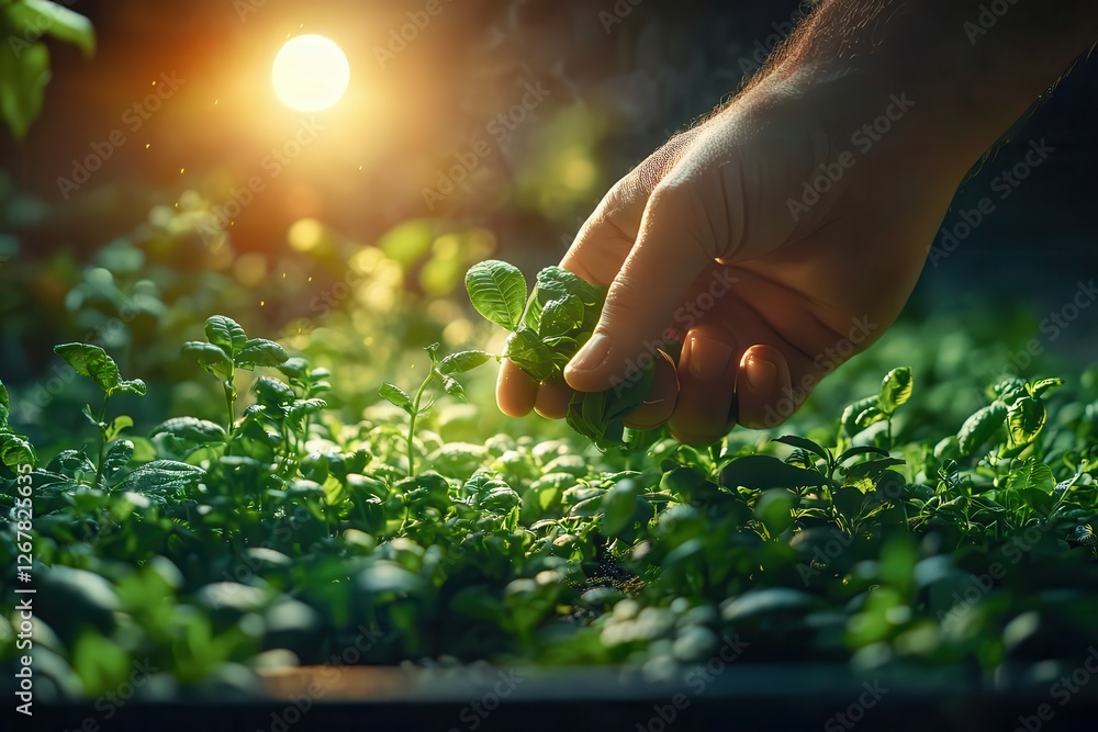 Fototapeta premium Hand-picking organic matcha. Hand picking fresh herbs in a vibrant green environment.