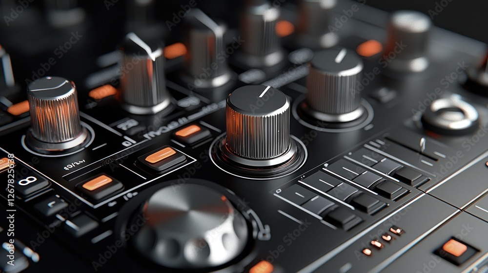 Studio Mixer Controls Close-up, Dark Background, Music Production Studio Mixer Controls Close-up, Dark Background, Music Production