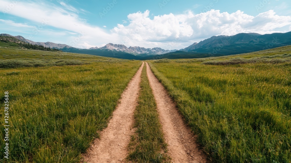 A meandering dirt pathway cuts through the open pasture, surrounded by beautiful mountain ranges and a pristine blue sky offering a sense of wonder and freedom in nature. A meandering dirt pathway cuts through the open pasture, surrounded by beautiful mountain ranges and a pristine blue sky offering a sense of wonder and freedom in nature.