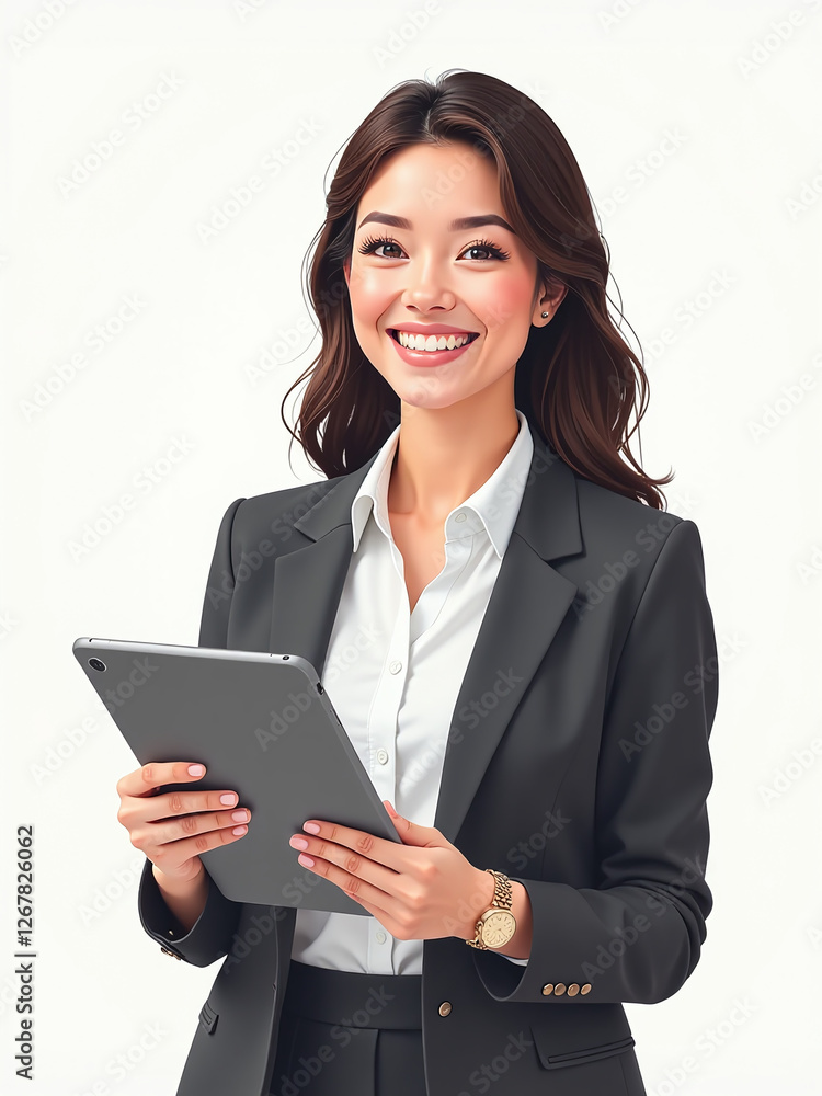 Businesswoman Smiling Confidently While Holding A Tablet On A Clean And Minimalist White Background In An Office Setting. 00001 Businesswoman Smiling Confidently While Holding A Tablet On A Clean And Minimalist White Background In An Office Setting. 00001