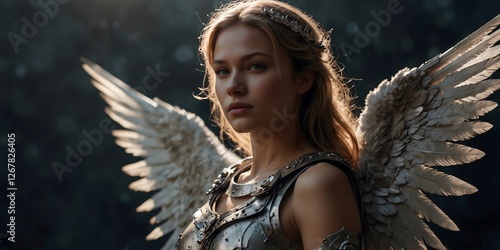 Beautiful Angel girl with wings and armor in the rays of the moon.