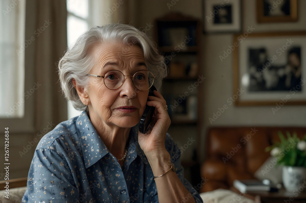 An elderly woman is talking to scammers on the phone. An elderly woman is talking to scammers on the phone.