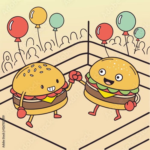 Determined burger character with boxing gloves, getting ready for a match.
