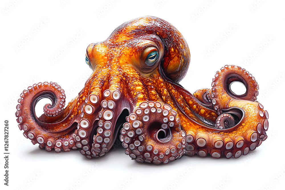 Fototapeta premium vibrant octopus with curled tentacles and suction cups, showcasing its unique texture and colors