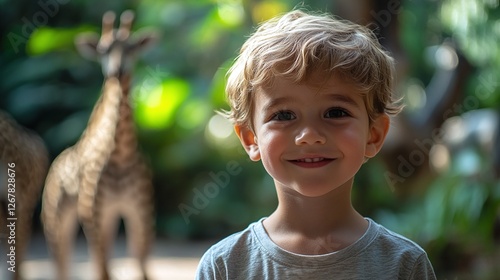 little boy smiling in zoo with animals in background representing childhood happiness outdoor adventure learning and family travel holiday experience