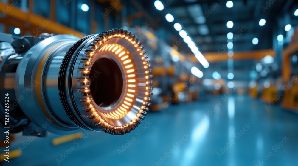 A futuristic turbine design is highlighted in this image, bringing forth elements of illuminated features that emphasize cutting-edge machinery and modern engineering. A futuristic turbine design is highlighted in this image, bringing forth elements of illuminated features that emphasize cutting-edge machinery and modern engineering.