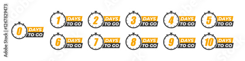 Set of Countdown of days from 0, 1 to 10. Number of days left badges. Offer timer, sticker limited to a few days. Ten, nine, eight, seven, six, five, four, three, two, one and zero days to go. Vector