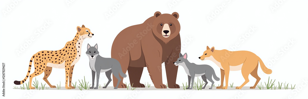 Group Of Wild Animals Including A Cheetah, Bear, Wolf, And Hyena Isolated Against A Plain White Background Together. 00002 Group Of Wild Animals Including A Cheetah, Bear, Wolf, And Hyena Isolated Against A Plain White Background Together. 00002