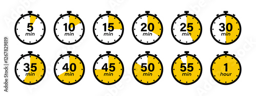 Timer, clock, stopwatch of 5, 10, 15, 20, 25, 30, 35, 40, 45, 50, 55 min and 1 hour isolated set icons. Countdown timer symbol icon set. Label cooking time. Vector illustration.