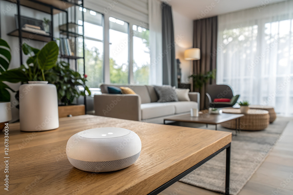 Smart home assistant device on a wooden table in a modern living room Smart home assistant device on a wooden table in a modern living room