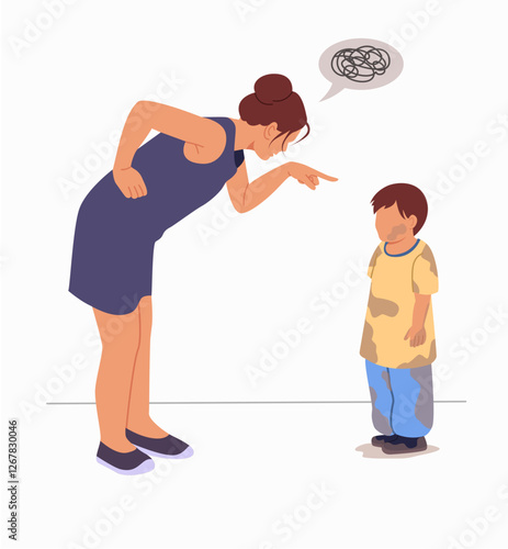 Mother scolds her son.Mother angry at her son and blame him for being covered in mud.