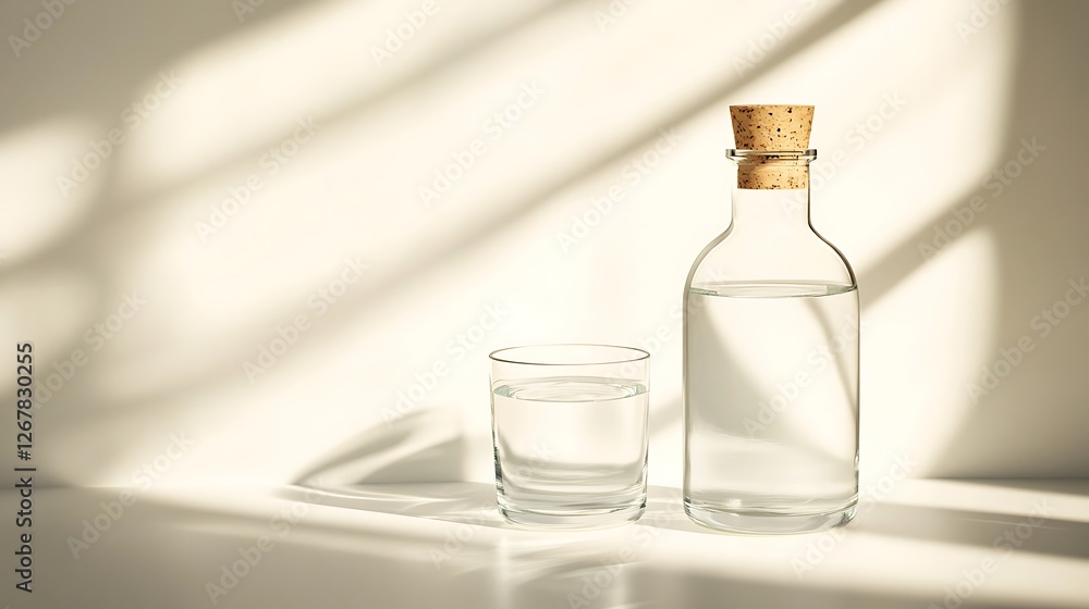 Clear glass water bottle and cup with cork stopper Clear glass water bottle and cup with cork stopper