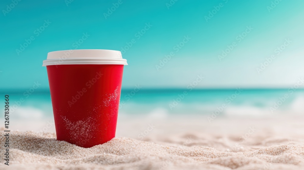 A simple red cup is nestled in soft beach sand, surrounded by gentle ocean waves, creating a tranquil vibe that evokes feelings of relaxation and summer adventures. A simple red cup is nestled in soft beach sand, surrounded by gentle ocean waves, creating a tranquil vibe that evokes feelings of relaxation and summer adventures.