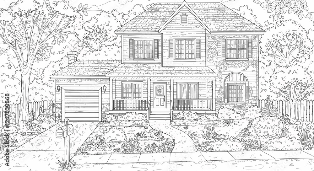 Obraz premium Detailed House & Home Building Design Coloring Book: Outline Sketch Doodle Illustrations with Page Drawing Elements