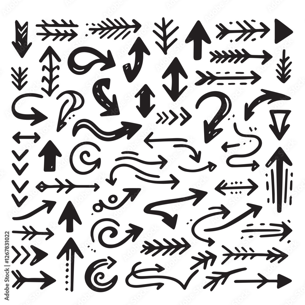 Pack of hand-drawn arrows vector illustration black color silhouette white background Pack of hand-drawn arrows vector illustration black color silhouette white background