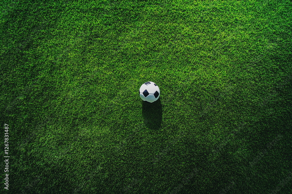 Obraz premium Soccer ball positioned on a fresh green soccer field, with the vibrant turf creating a sharp contrast, ready for the match to begin.