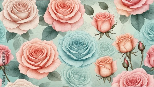 Elegant Seamless Botanical Floral Pattern with roses. Wallpaper. Banner. Background. Luxury branding, fabric design, wallpaper, stationery, wedding invitations, high-end packaging
