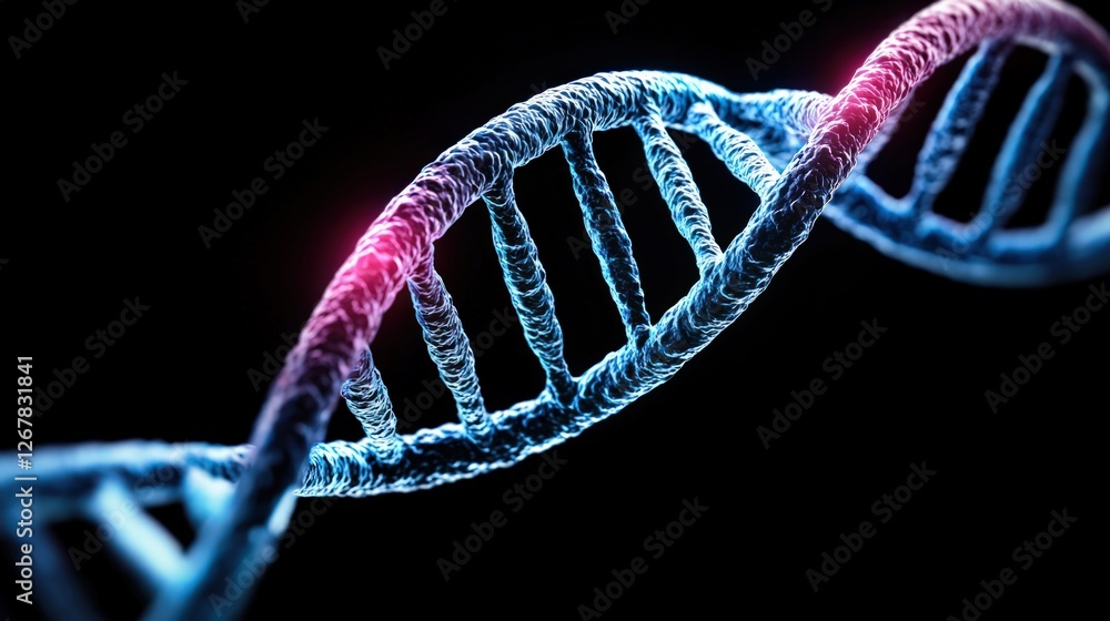 Close-Up View of Double Helix DNA Structure with Bright Blue Light Against Dark Background Close-Up View of Double Helix DNA Structure with Bright Blue Light Against Dark Background
