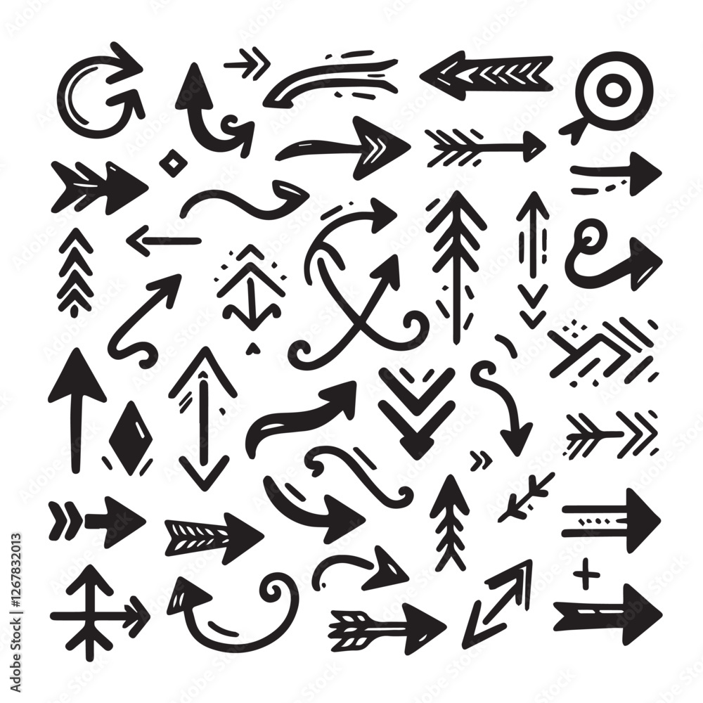 Pack of hand-drawn arrows vector illustration black color silhouette white background Pack of hand-drawn arrows vector illustration black color silhouette white background
