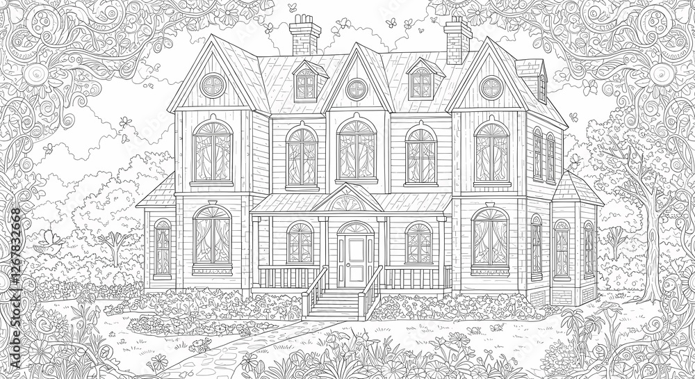Obraz premium Detailed House & Home Building Design Coloring Book: Outline Sketch Doodle Illustrations with Page Drawing Elements