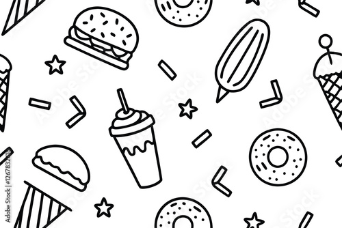 Set of Food Icon line Art Vector Drawing Ppattern Illustration Background.