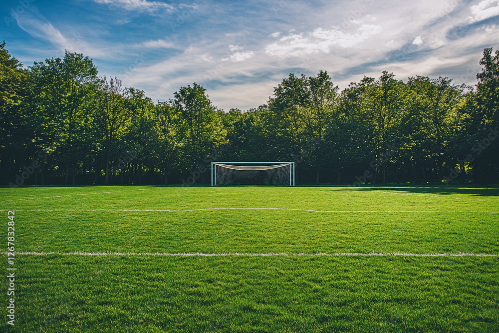 Fototapeta premium Soccer field with freshly cut green grass, blurred goals in the background, creating a dynamic perspective of the ongoing football match.
