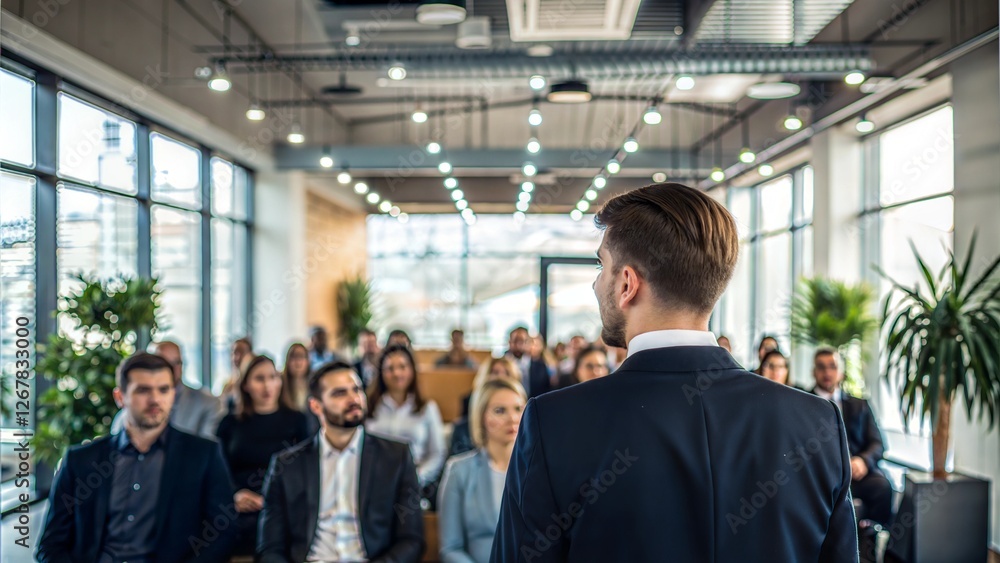 Leader presenting ideas to a corporate audience with a blurred audience background, showcasing collaboration, communication and professional success. Leader presenting ideas to a corporate audience with a blurred audience background, showcasing collaboration, communication and professional success.