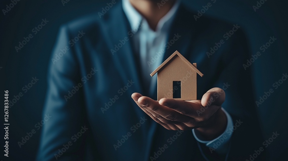 A businessman with a home sign in his palm and pointing to it with his hand against a dark blue background symbolizes the real estate concept. A businessman with a home sign in his palm and pointing to it with his hand against a dark blue background symbolizes the real estate concept.